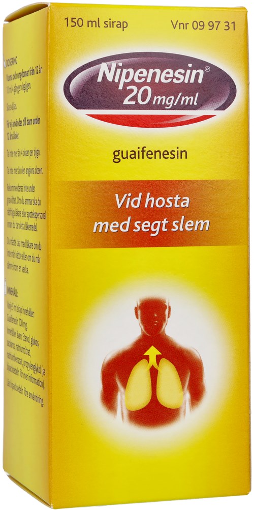 Gult läkemedelsförpackning med figur av människa och lungor, text om hosta med slem och medicinens namn.