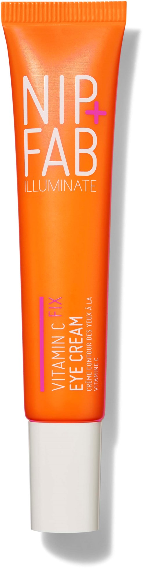 Orange tube med hvid hætte mærket Nip + Fab Vitamin Fix Eye Cream til øjenpleje.