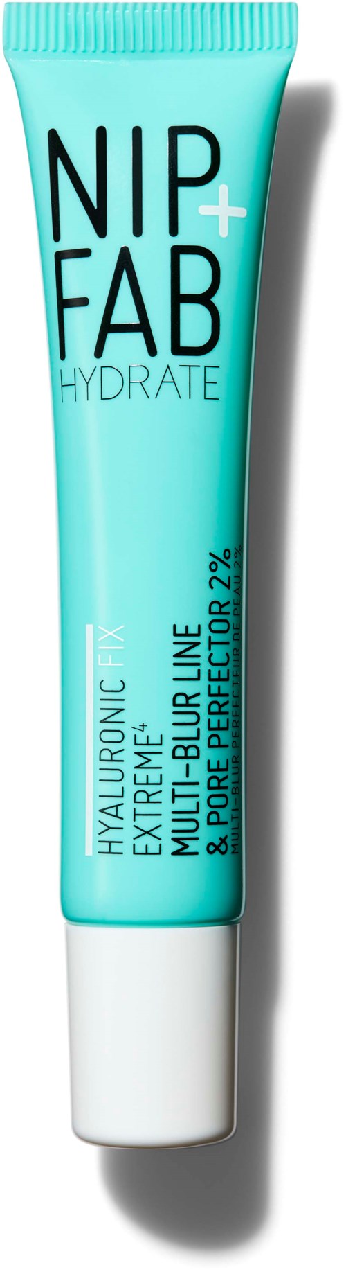 En turkis tub med hudplejecreme mærket NIP+FAB HYDRATE og hyaluronsyre, designet til hydrering.