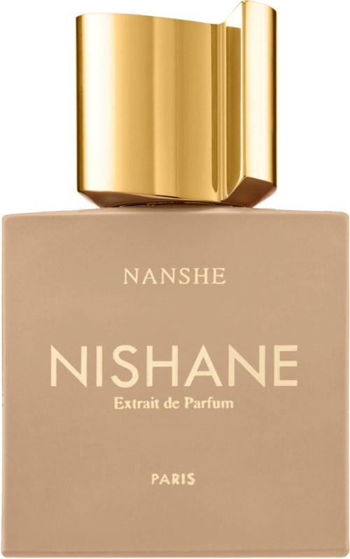 Beigehajuisten parfumapullonki, jossa on kiiltävä kultainen korkki ja tekstit "NISHANE" ja "Paris".