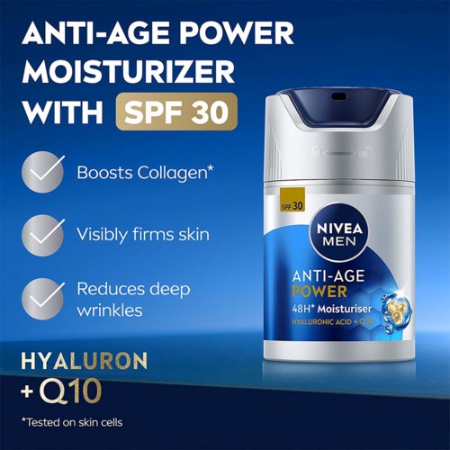 En Nivea Men ansiktskrämflaska med SPF 30, blå och vit design, visar fördelar som att stärka huden och minska rynkor.