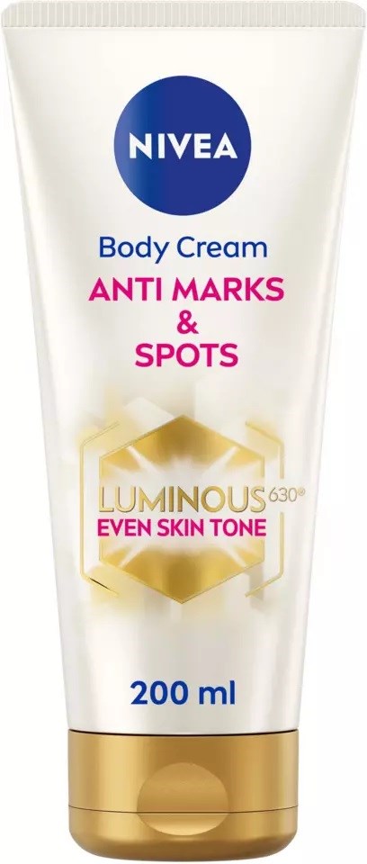 Nivea body cream for anti-marks and spots. It claims to even skin tone. Contains 200ml. Gold and white packaging.