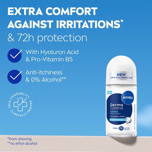 En Nivea-deodorant som främjar extra komfort, 72 timmars skydd, med hyaluronsyra och pro-vitamin B5.