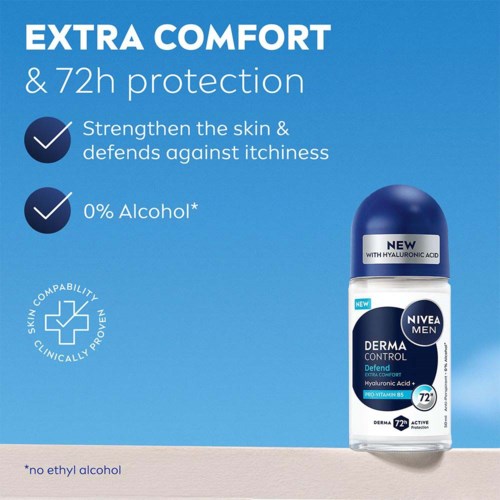 Nivea Men Derma Control deodorant with hyaluronic acid offers extra comfort and 72-hour protection, alcohol-free.