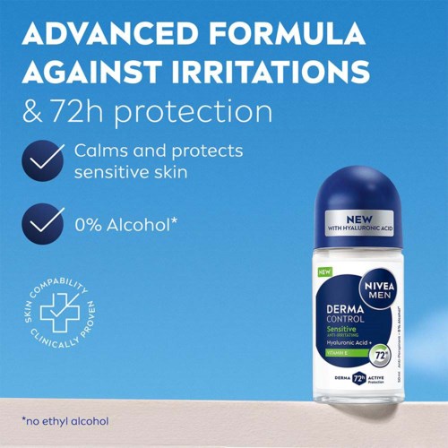 Nivea Men Derma Control antiperspirant med hyaluronsyre lover 72 timers beskyttelse og beroliger følsom hud.