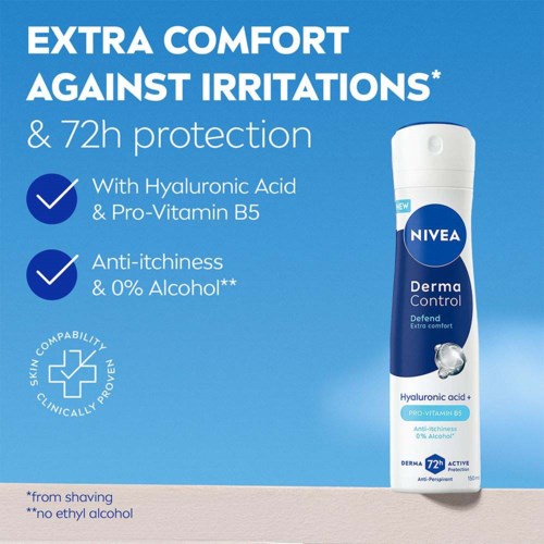 Nivea Derma Control deodorant med ekstra komfort, 72 timers beskyttelse, hyaluronsyre og pro-vitamin B5. Anti-kløe og alkoholfri.