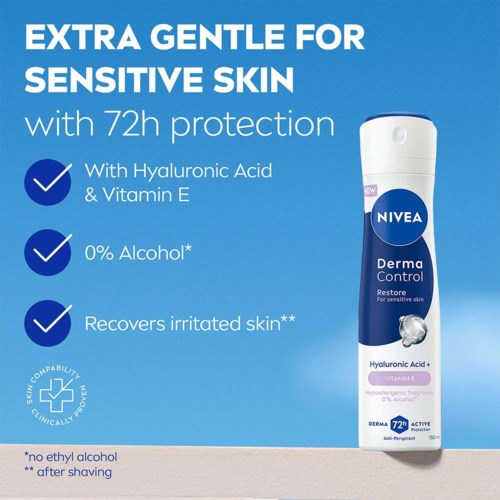 Nivea skincare product for sensitive skin with 72h protection, contains hyaluronic acid and vitamin E, no alcohol.
