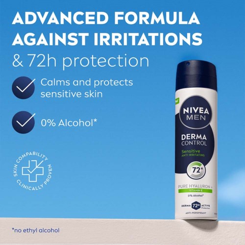 Nivea Men deodorant til sensitiv hud, giver 72-timers beskyttelse, har ingen alkohol eller ethylalkohol og indeholder hyaluronsyre.