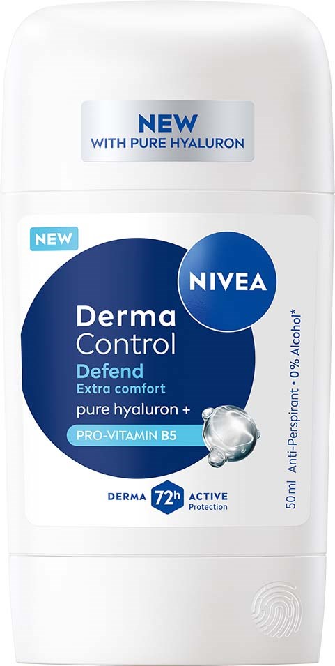 Nivea Derma Control deodoranttiivistys hyaluronilla, B5:llä, ja 72 tunnin suojalla, valkoisessa astiassa.