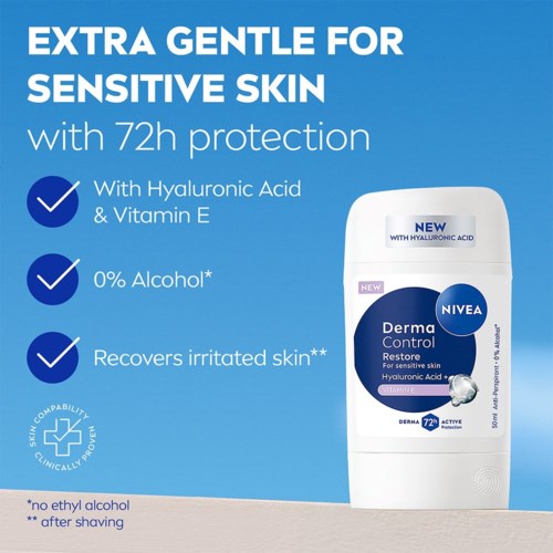 A deodorant stick labeled for sensitive skin with 72 hours protection, hyaluronic acid, vitamin E, and no alcohol.