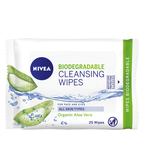 Förpackning med biologiskt nedbrytbara våtservetter med aloe vera, vattensplash-design och grön och lila text.