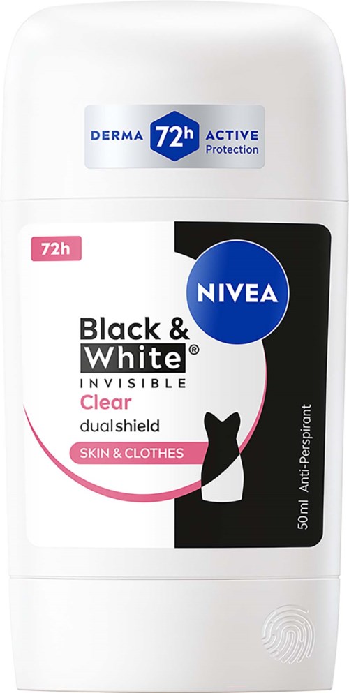 Deodoranttilappu merkiltä NIVEA Black & White Invisible Clear kaksinkertaisella suojauksella iholle ja vaatteille, 50 ml, 72 tunnin suoja.