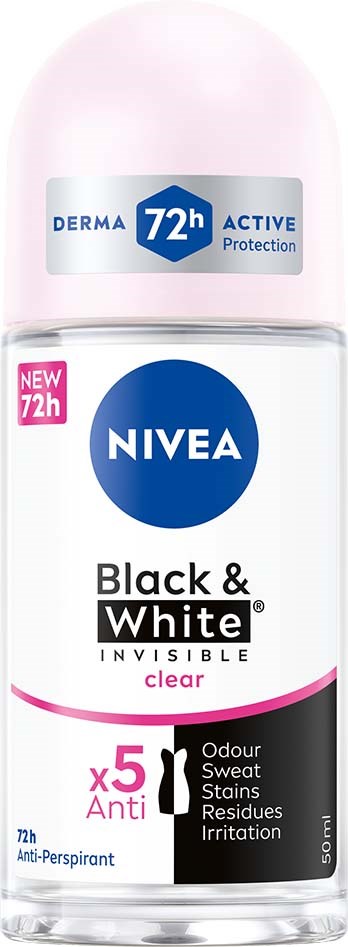 A roll-on deodorant bottle with blue, white, and pink labels, showing brand NIVEA and features like anti-perspirant and odour control.