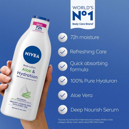 A hand holding Nivea Aloe and Hydration body lotion bottle. The background is blue with a list of product benefits.