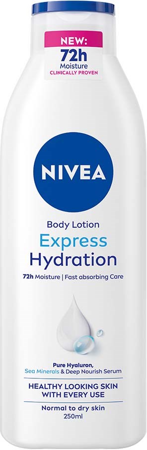Een witte fles met blauwe en roze details, gemerkt NIVEA Body Lotion, voor hydratatie en droge huid, 250ml.
