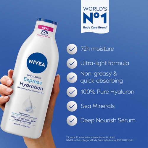 Een hand houdt een fles Nivea Express Hydration bodylotion met functies rechts, inclusief 72 uur hydratatie.