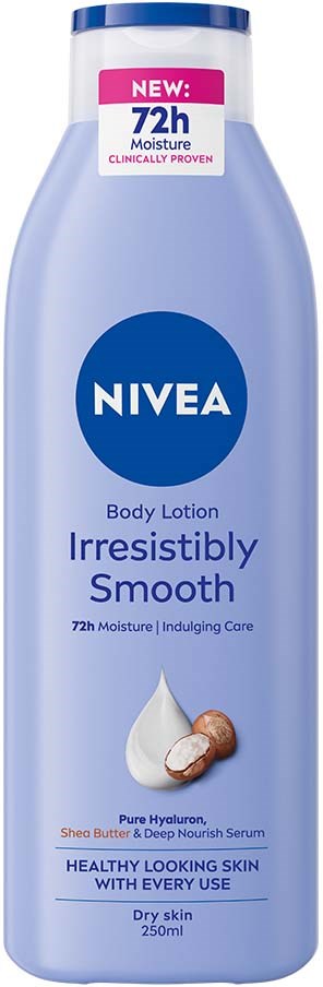 A blue bottle of Nivea body lotion with a white cap, labeled for dry skin, containing Shea Butter and Hyaluronic Serum.