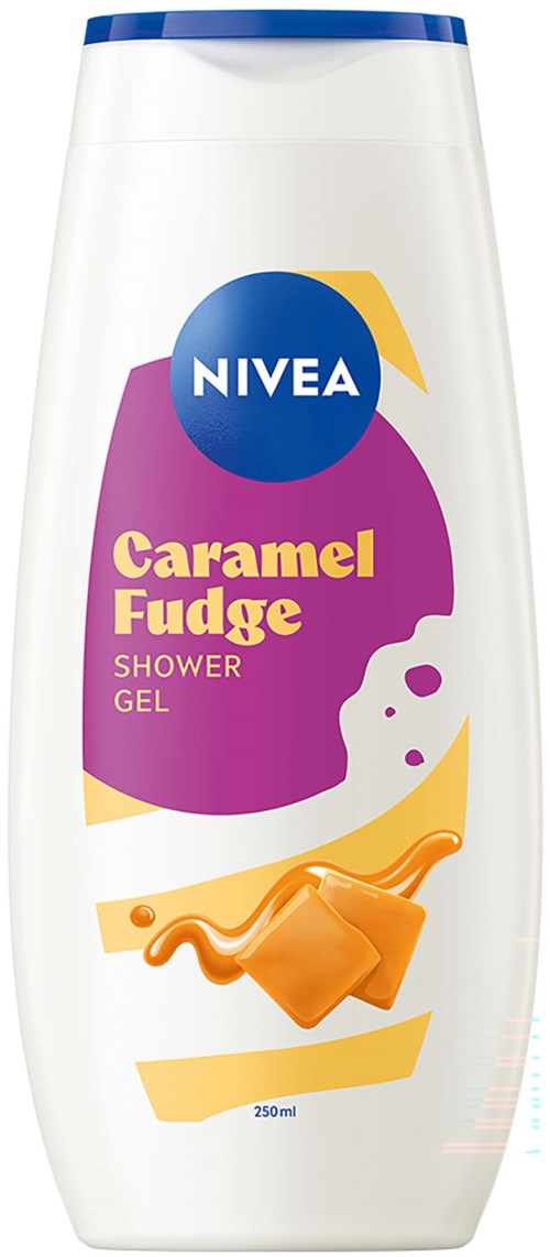 Dusjsåpeflaske med NIVEA-merke, karamellfudge duft, 250 ml størrelse, hvit og lilla emballasje med karamellgrafikk.