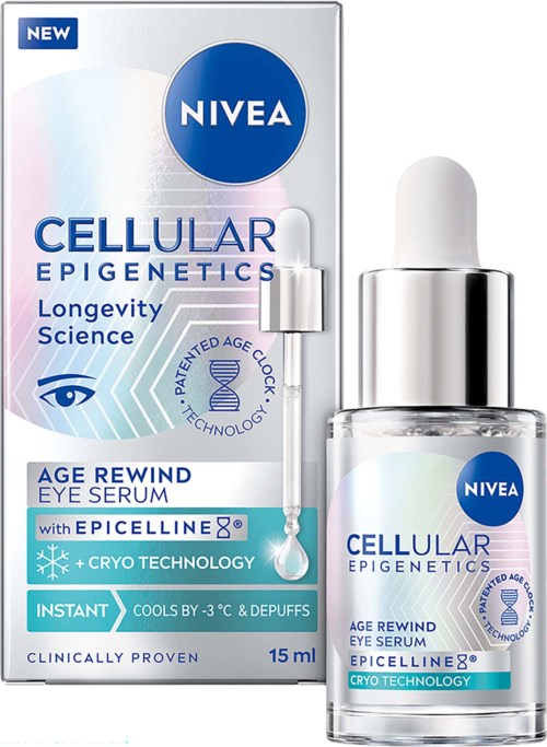 Nivea Cellular Epigenetics Age Rewind Eye Serum förpackning och pipettflaska med produktdetaljer.