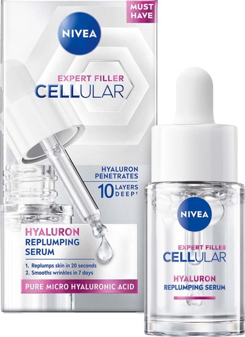 En flaska Nivea hyaluronsfyllande serum med droppare och dess förpackning som visar produktfunktioner.