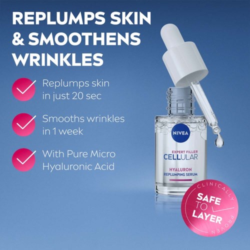 Nivea serum med mikro hyaluronsyra minskar rynkor och fyller huden snabbt. Den är säker att använda ihop med andra produkter och fungerar på en vecka.