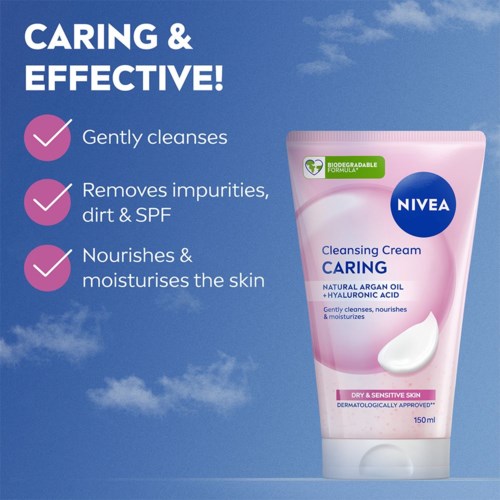 Nivea Reinigungscreme für trockene Haut mit natürlichen Ölen und Hyaluronsäure, reinigt, entfernt Schmutz und spendet Feuchtigkeit.