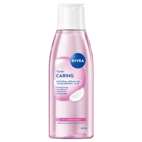 A pink bottle of Nivea toner for caring, with natural argan oil and hyaluronic acid, for sensitive skin.