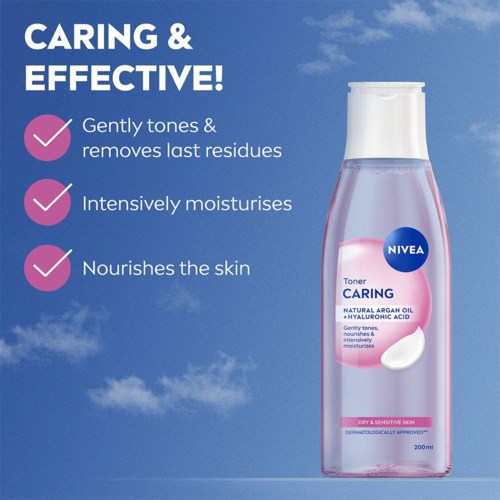 Nivea toner bottle for dry and sensitive skin with natural argan oil and hyaluronic acid. Claims gentle, moisturizing, nourishing.