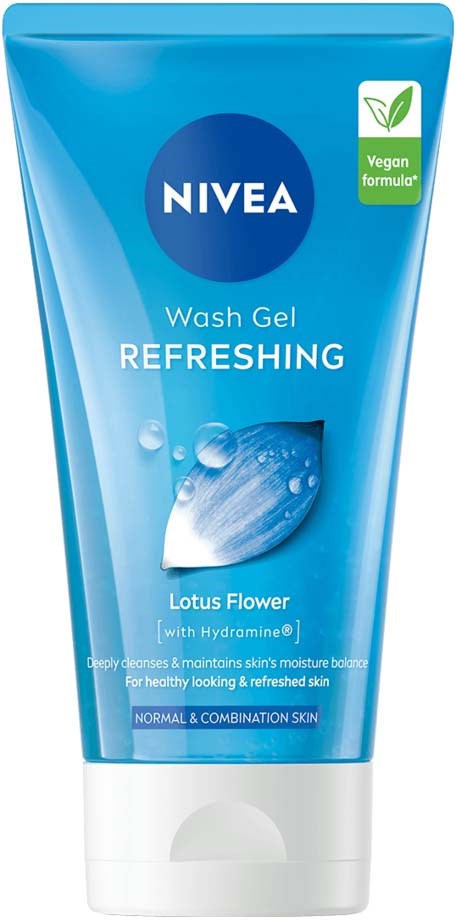 Blå tube af Nivea Refreshing Wash Gel med lotusblomst og hydramine til normal og kombinationshud.