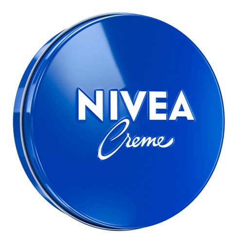 Pyöreä sininen rasia, jossa lukee "NIVEA Creme" ja "Creme" kursiivilla. Yksinkertainen muotoilu.