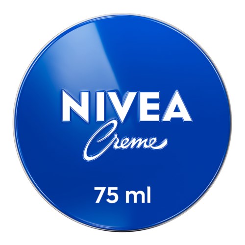Ett runt blått lock med vit text: NIVEA Creme, 75 ml.