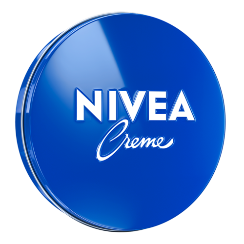 En blå rund behållare med NIVEA Creme skrivet på den i vitt.