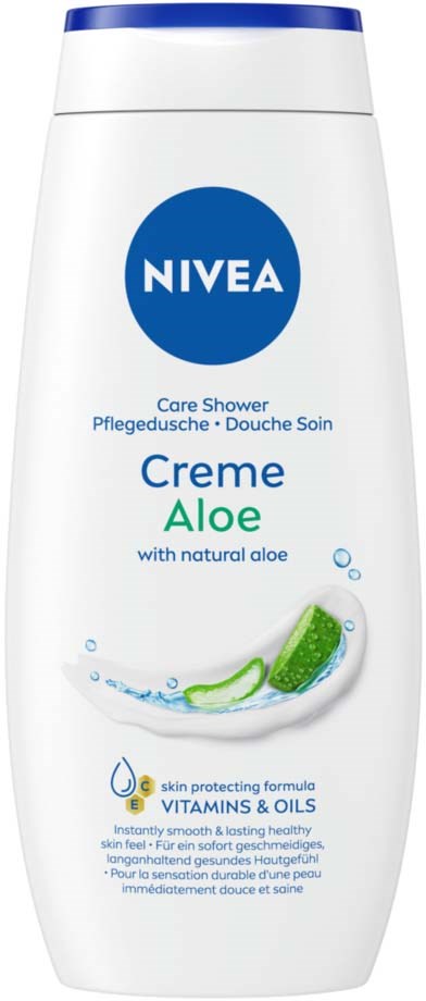 NIVEA Aloe Care Shower pullo aloe veralla ja vitamiineilla, kylpytuote pehmeälle ja terveelle iholle.