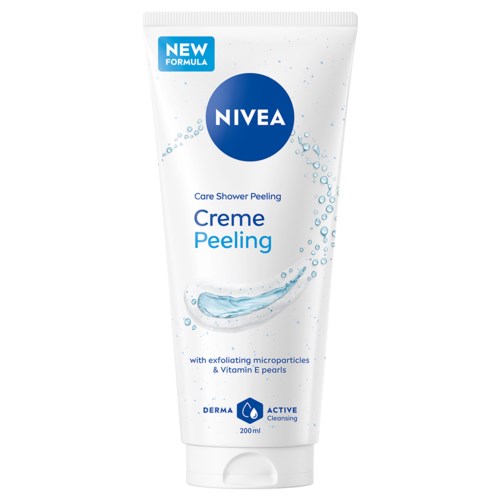 En vit tub med blå och svart text, visar NIVEA, Care Shower Peeling, med vattenstänk grafik, 200ml.