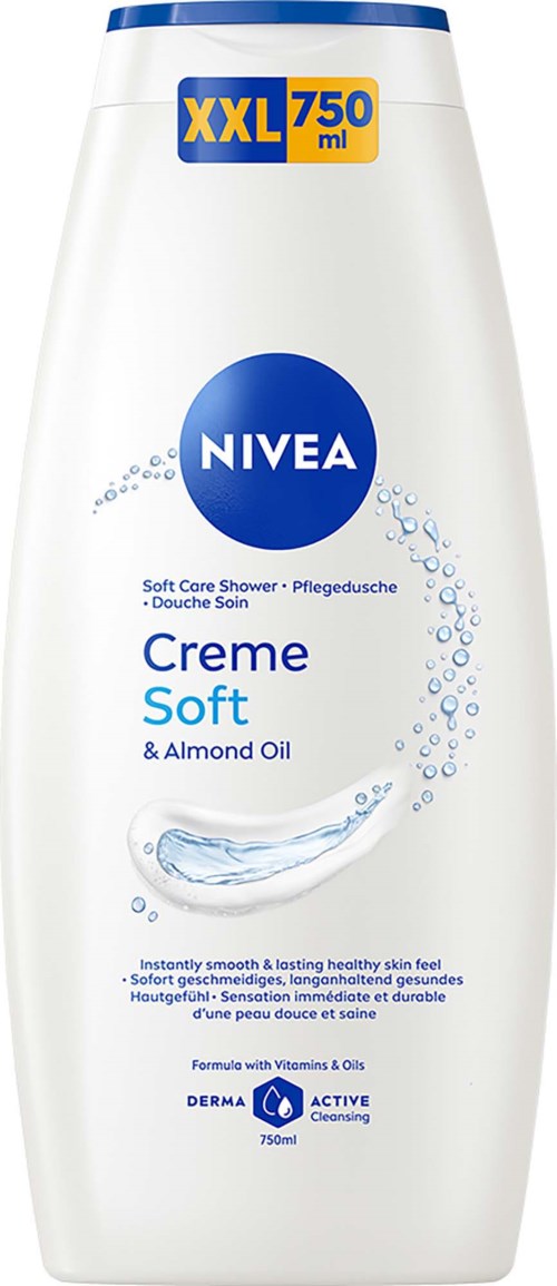 Grote witte fles Nivea Creme Soft douchegel met amandelolie, XXL 750 ml, met blauwe en gele label.