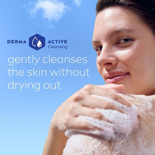 Logo en tekst die Derma Active Cleansing promoot voor zachte huidreiniging zonder uitdroging.