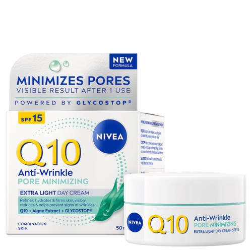Krem na dzień Q10 Anti-Wrinkle firmy Nivea w małym słoiku i pudełku, redukuje pory i zmarszczki.