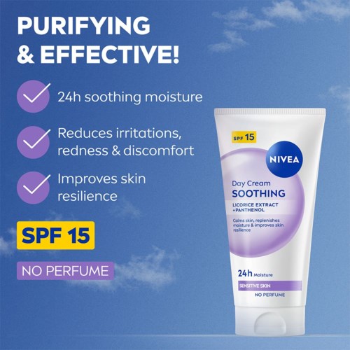 Det är en reklambild för Nivea Day Cream Soothing med SPF 15, som påstår att den lugnar, minskar irritation och förbättrar huden.