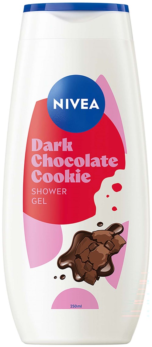 En Nivea duschgelflaska med doft av mörk chokladkaka, med rosa och lila designelement och en kaka-illustration.