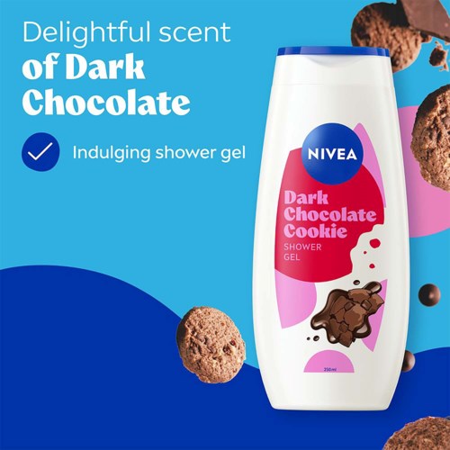 En NIVEA duschgelflaska med doft av mörk chokladkaka på en färgglad bakgrund med kakbilder.