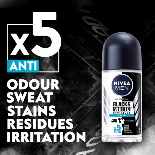 NIVEA Men deodorant hævder at bekæmpe fem typer lugt, sved, pletter, rester og irritation og giver 48 timers beskyttelse.