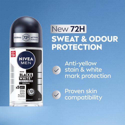 A Nivea deodorant spray with claims of 72H sweat and odor protection, anti-yellow stain, and skin compatibility.
