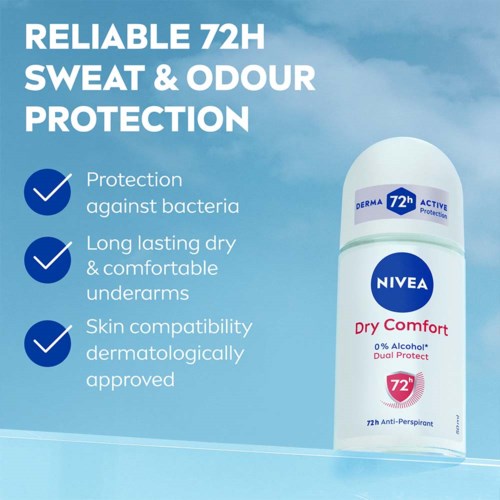 NIVEA Dry Comfort antiperspirantti tarjoaa 72 tunnin hikoilu- ja hajuestoa, kiinteä/kuiva tunne ja ihon hyväksyntä.