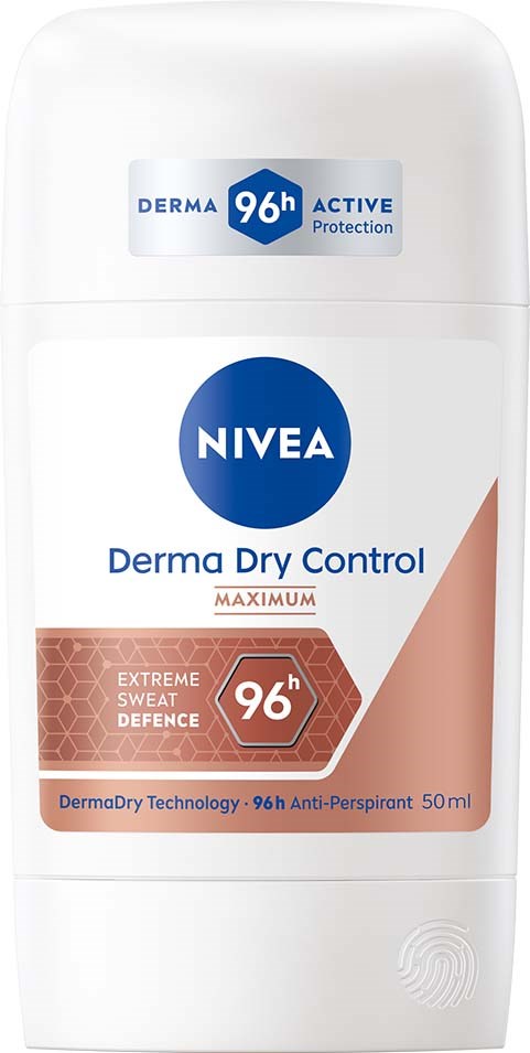 A white roll-on deodorant bottle with blue and pink labels, displaying brand Nivea and features for dry control.
