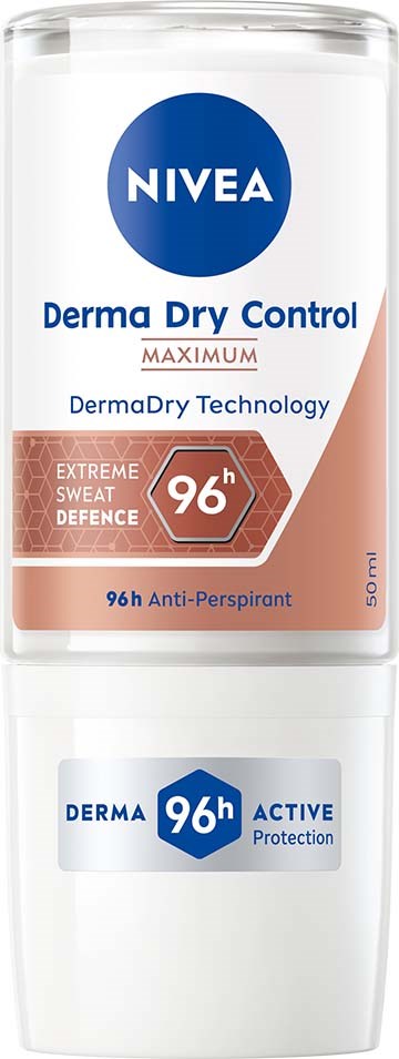 A NIVEA roll-on deodorant with blue and white packaging, showing 96 hours of protection against sweat and odor.