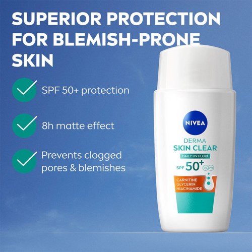 En Nivea hudvårdsprodukt med SPF 50+ lovar skydd mot envisa hudproblem, med tydliga fördelar angivna.