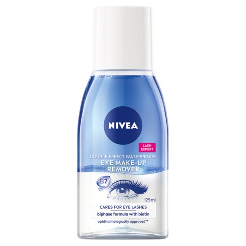 Nivea ögonmakeup-fj removing bottle, blå vätska, vit lock, innehåller ögonvårdsingredienser och är vattentät.