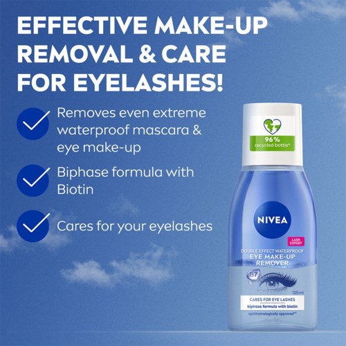 NIVEA ögonfransborttagning i en blå flaska med text om att ta bort vattenfast mascara och ta hand om ögonfransar.