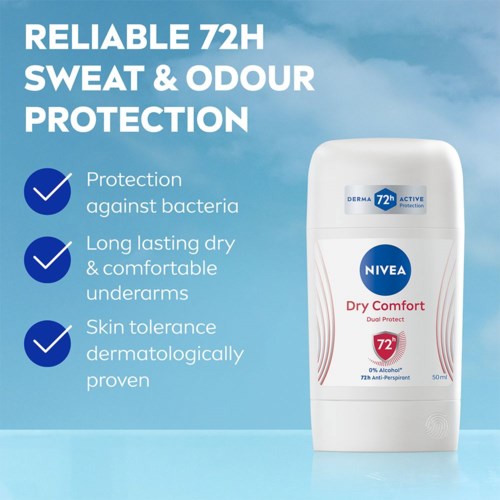 A deodorant stick labeled Nivea Dry Comfort with 72 hours protection, highlighting sweat and odor protection, long-lasting dryness, and skin friendliness.