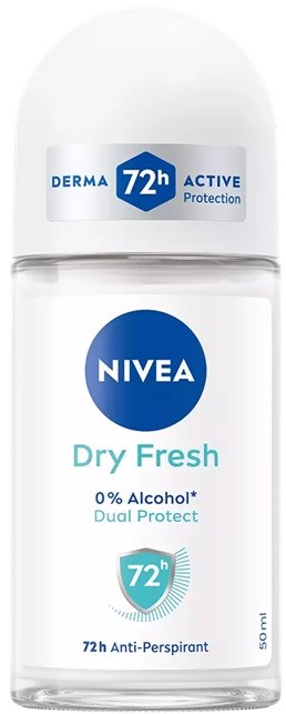 Nivea Dry Fresh deodorant with 0% alcohol and 72-hour protection in a clear bottle.
